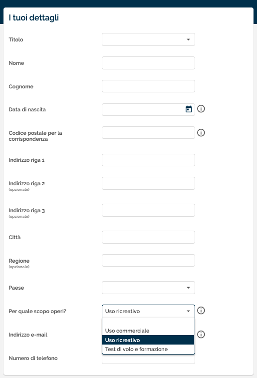 Inserimento dei dati personali Coverdrone
